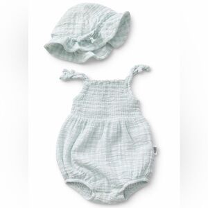 Rabbit + Bear | Organic Cotton Baby Romper & Sun Hat Set | 6-9M | Mint Muslin